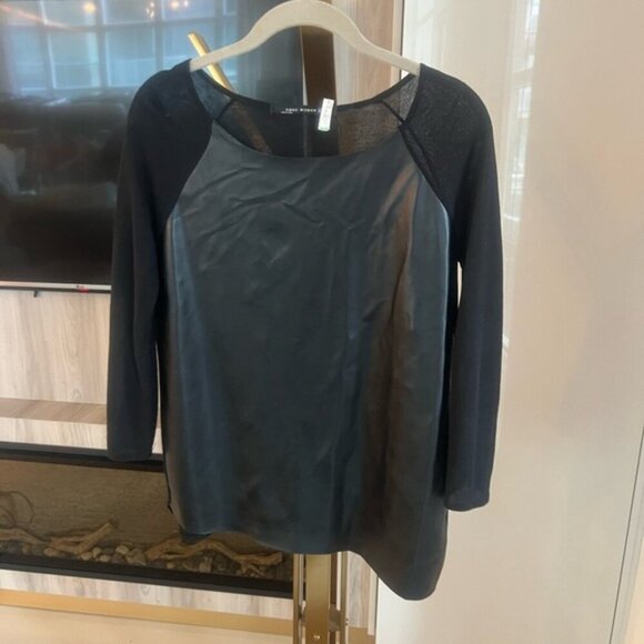 Edgy Black Faux Leather Mixed Media Top - Size M - Picture 5 of 7